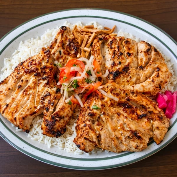 Grilled chicken breast pieces on a bed of white rice, garnished with salad, almonds, and pickled turnips.