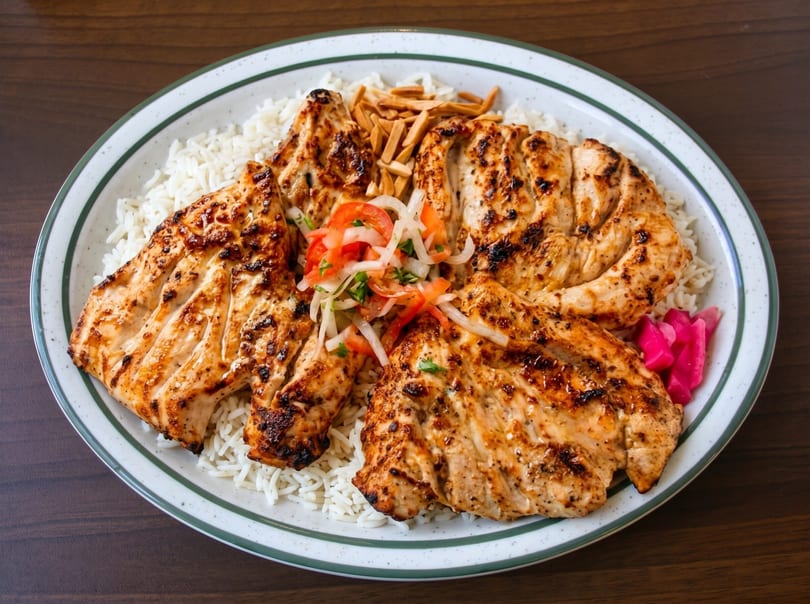 Grilled chicken breast pieces on a bed of white rice, garnished with salad, almonds, and pickled turnips.